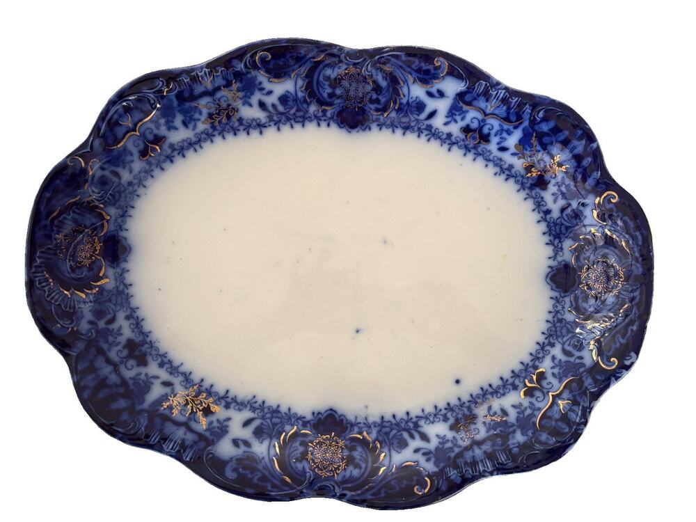 Antique Lakewood 20” X 15” Flow Dark Blue Turkey Platter Wood & Sons Gold 1900